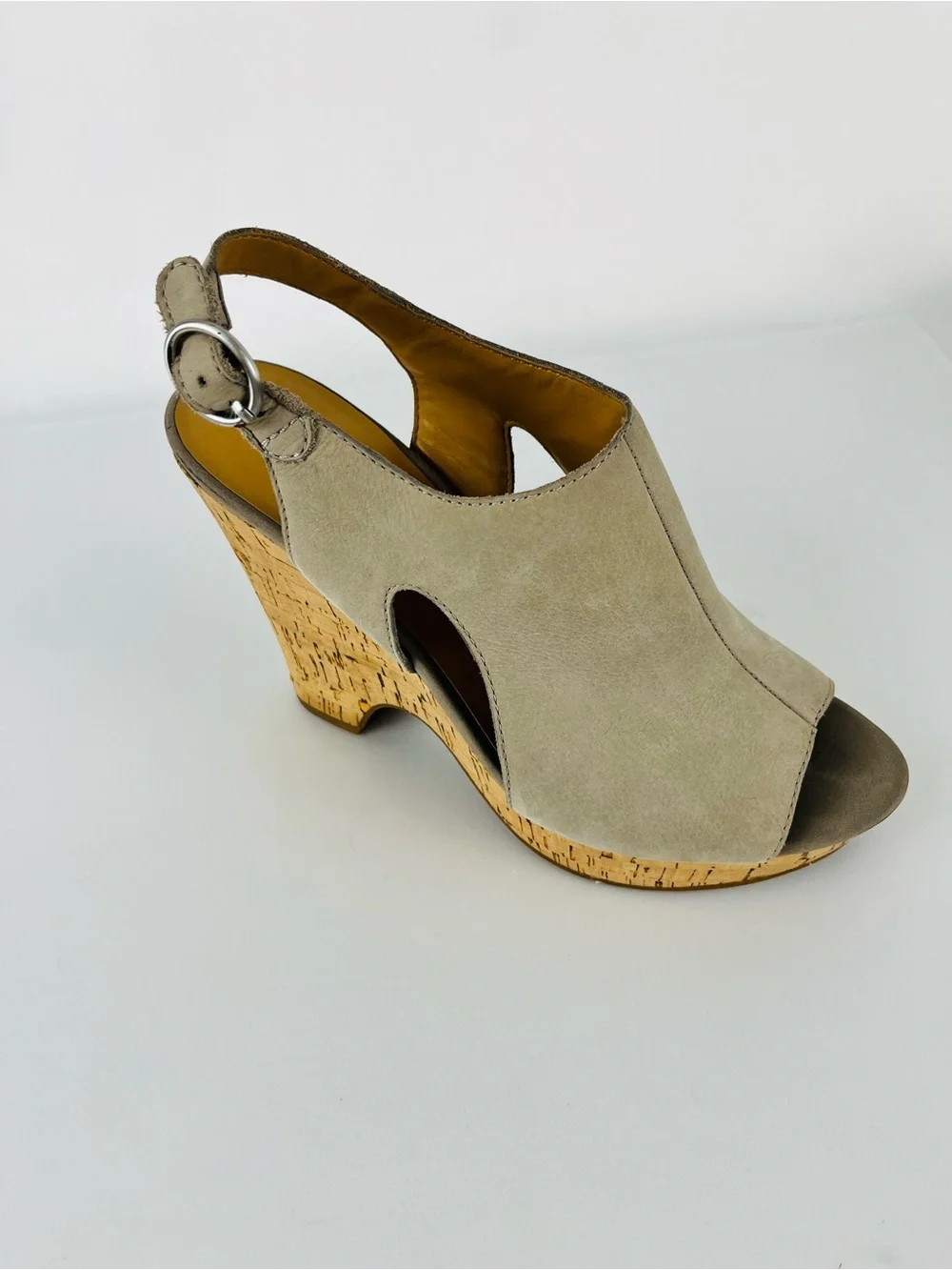 Franco Sarto Gabriel Peep Toe Suede Leather Wedge Sandal Taupe Gray Tan Size 8.5